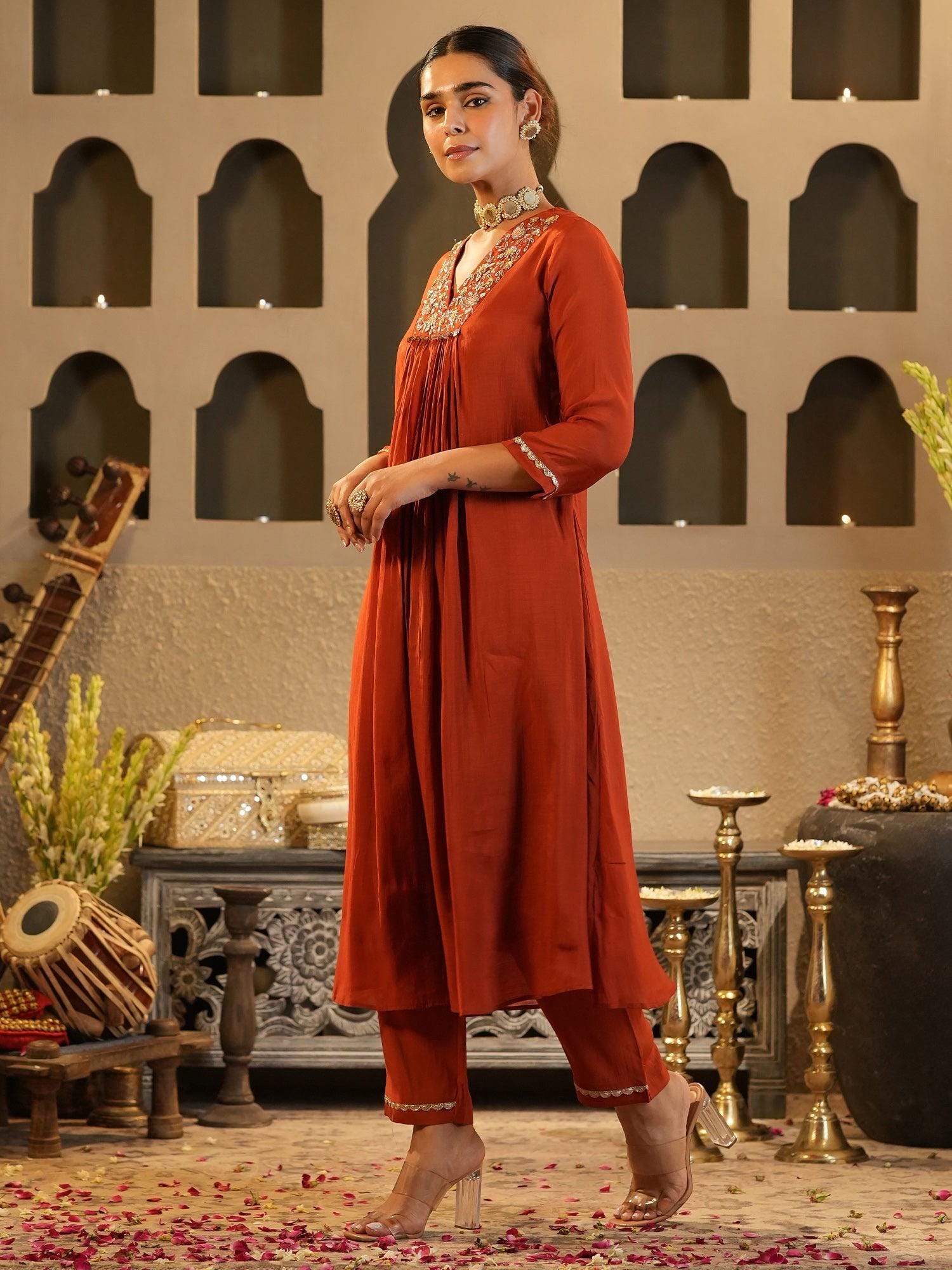Rust Embroidered Chanderi Silk Kurta Set | A-Line Festive Suit | Beads & Stone Work Indian Outfit | Marigold House