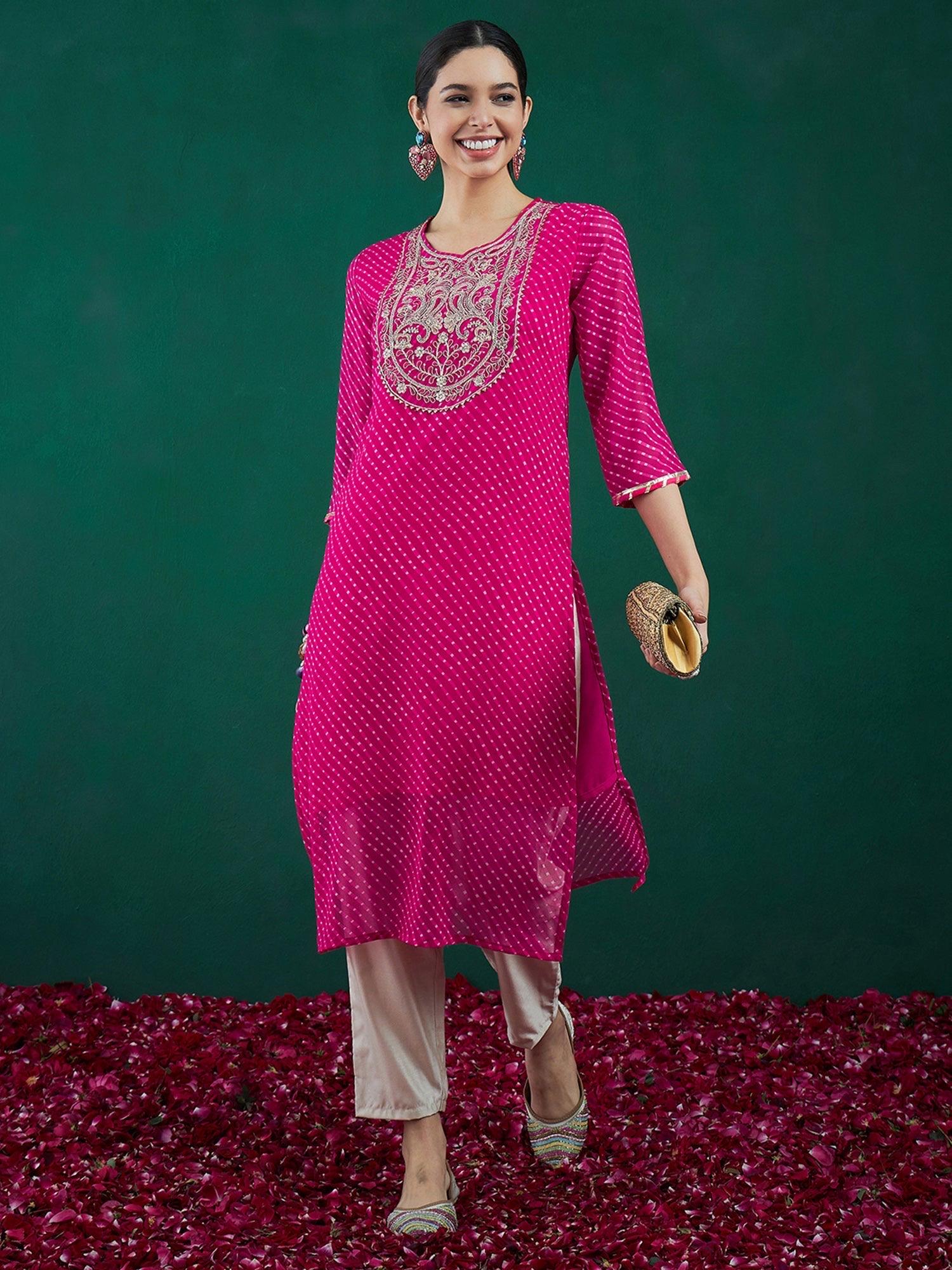 Pink Leheriya Printed Kurta | Georgette Straight Kurta with Zari Embroidery | Festive Indian Outfit | Marigold House