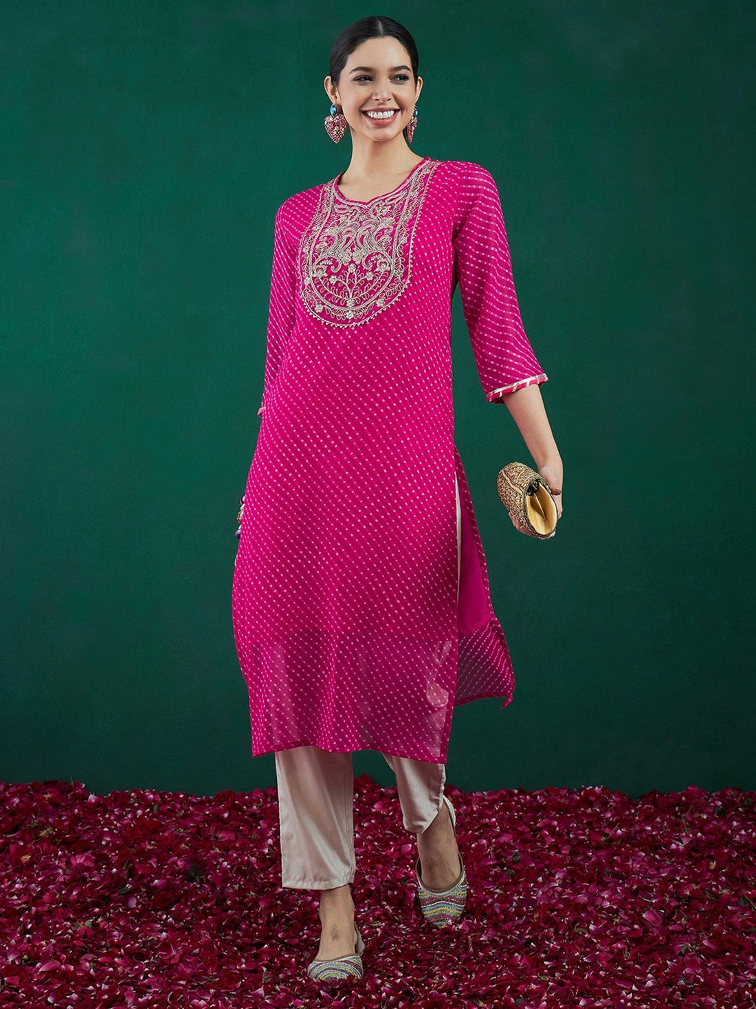 Pink Leheriya Printed Kurta | Georgette Straight Kurta with Zari Embroidery | Festive Indian Outfit | Marigold House