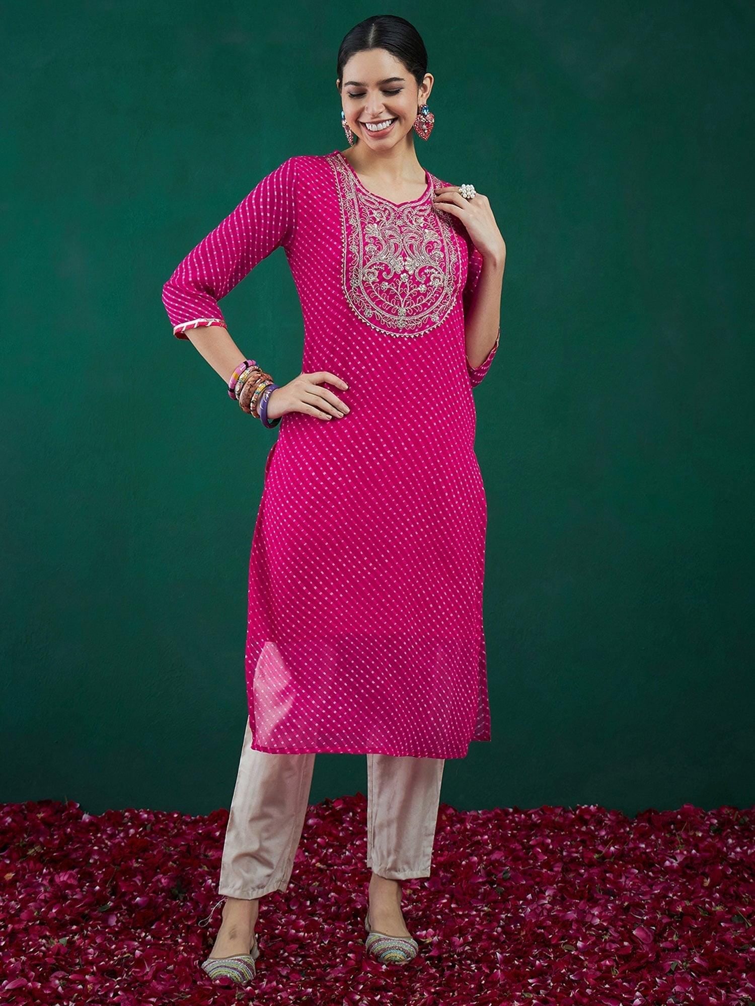 Pink Leheriya Printed Kurta | Georgette Straight Kurta with Zari Embroidery | Festive Indian Outfit | Marigold House