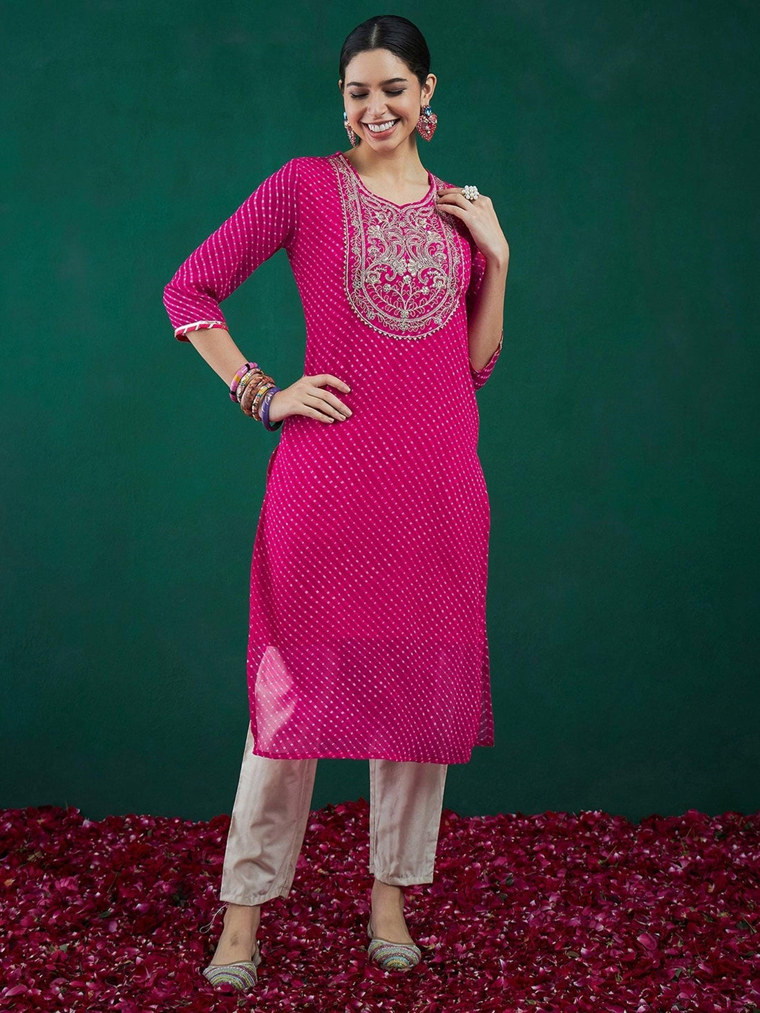 Pink Leheriya Printed Kurta | Georgette Straight Kurta with Zari Embroidery | Festive Indian Outfit | Marigold House