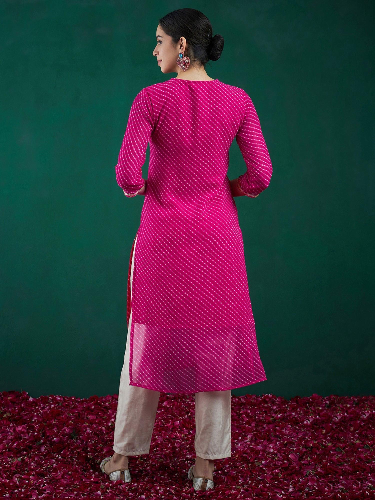 Pink Leheriya Printed Kurta | Georgette Straight Kurta with Zari Embroidery | Festive Indian Outfit | Marigold House
