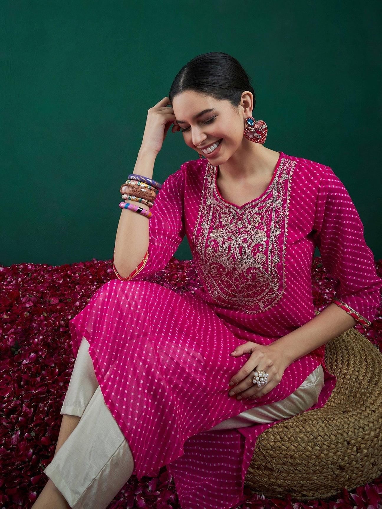 Pink Leheriya Printed Kurta | Georgette Straight Kurta with Zari Embroidery | Festive Indian Outfit | Marigold House