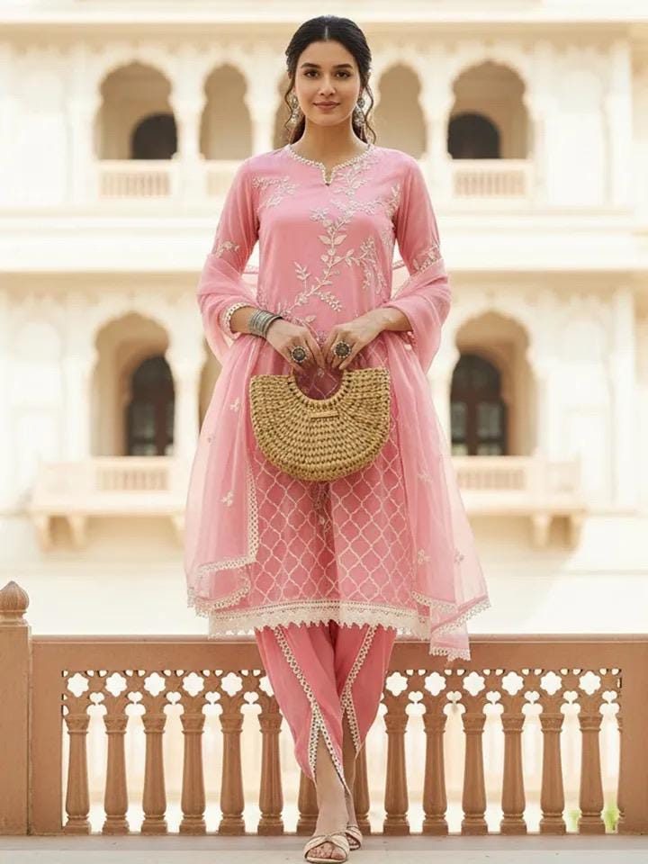 Pink Organza Embroidered Kurta Dhoti Pant Set