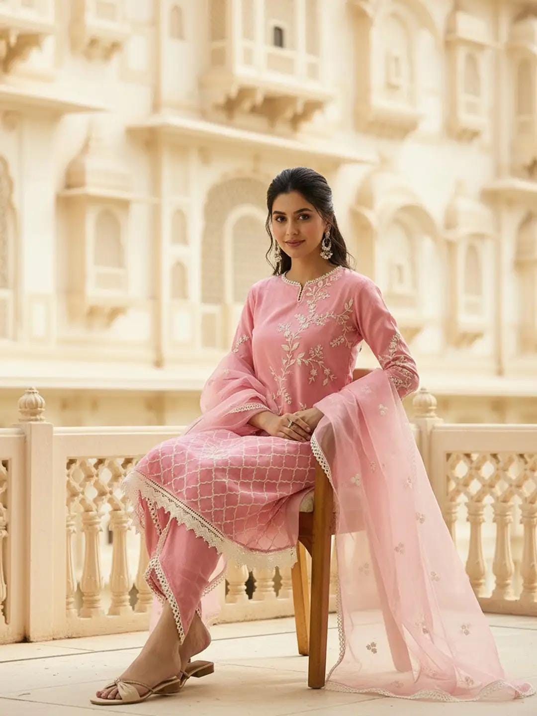 Pink Organza Embroidered Kurta Dhoti Pant Set