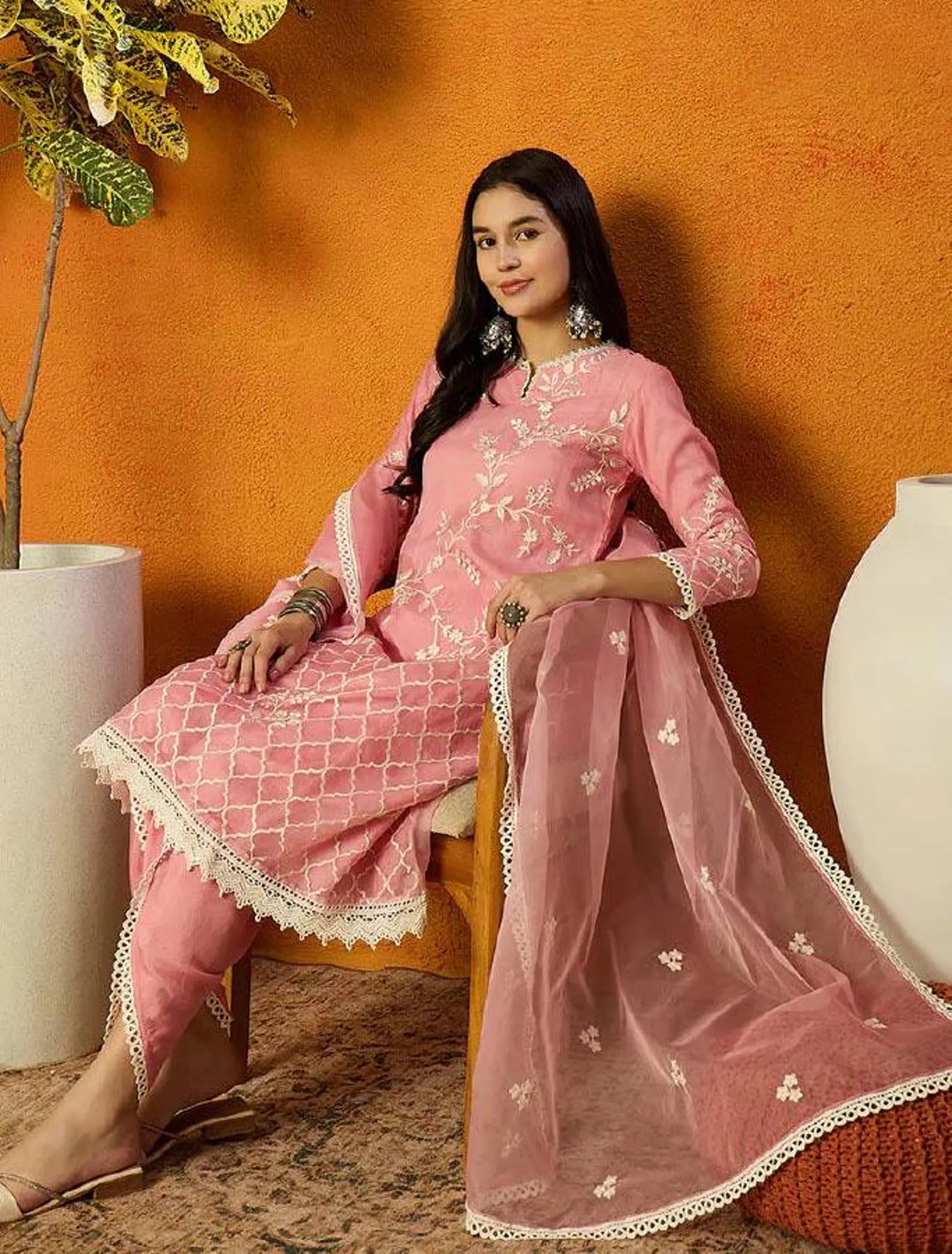 Women Pink Organza Solid Embroidered A-Line Kurta Dhoti Pant with Dupatta