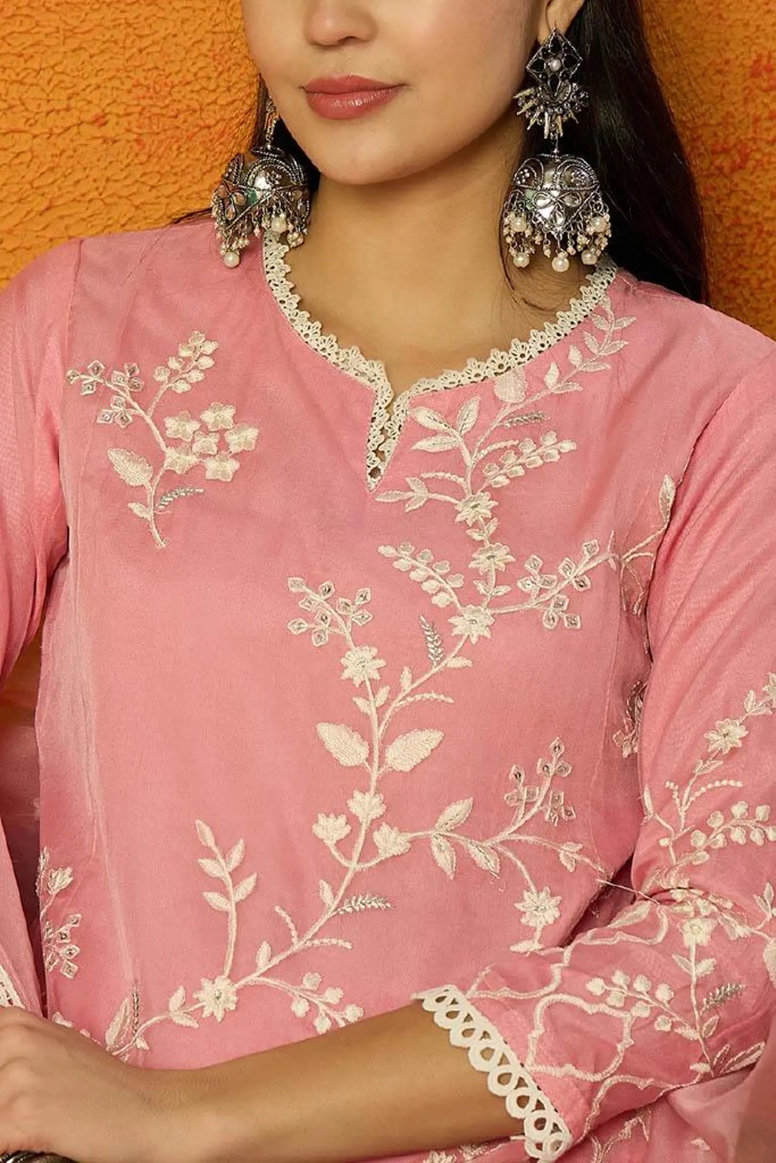Women Pink Organza Solid Embroidered A-Line Kurta Dhoti Pant with Dupatta