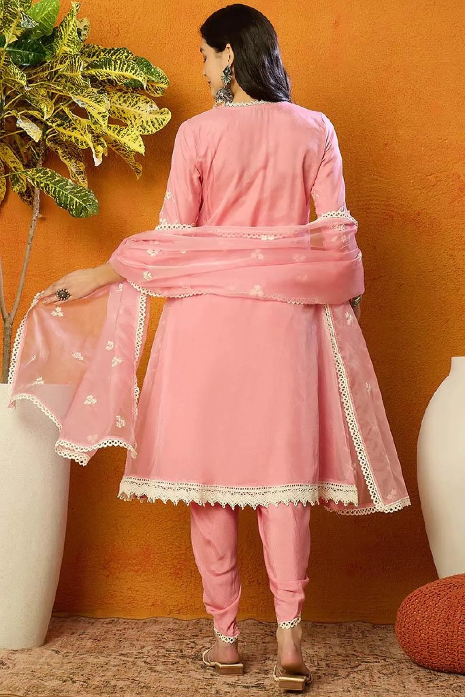 Women Pink Organza Solid Embroidered A-Line Kurta Dhoti Pant with Dupatta