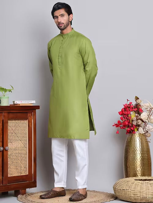 Men’s Green Solid Cotton Kurta Set