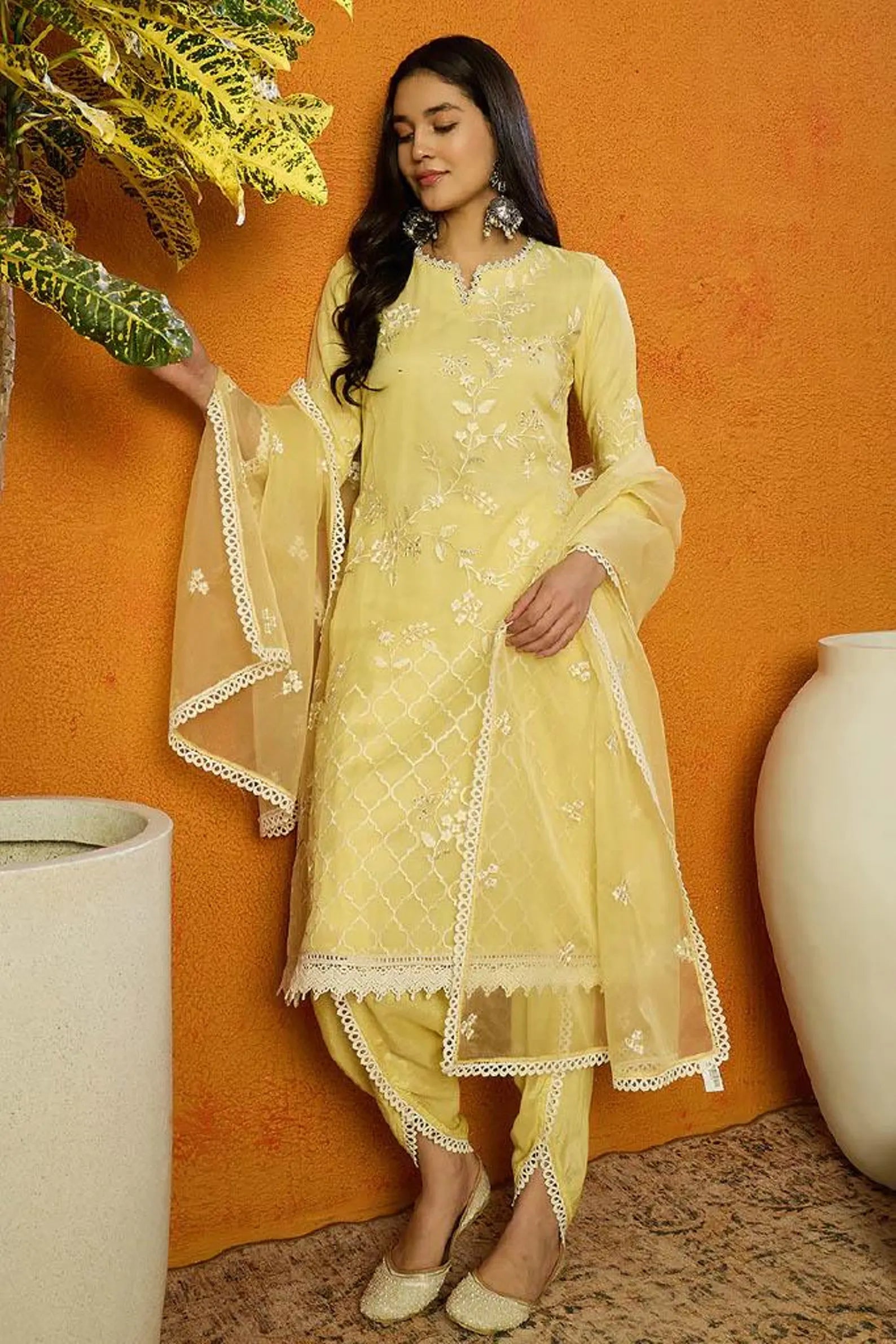 Women Yellow Organza Solid Embroidered A-Line Kurta Dhoti Pant with Dupatta