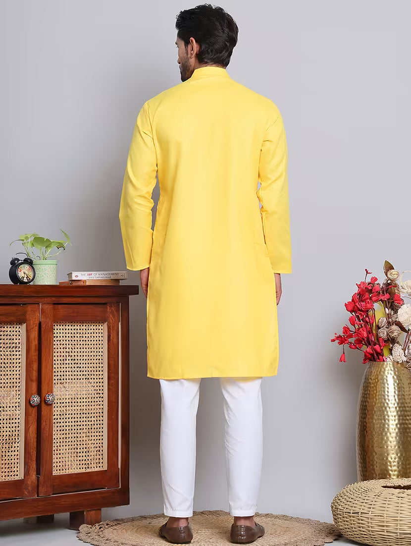 Men’s Yellow Solid Cotton Kurta Set