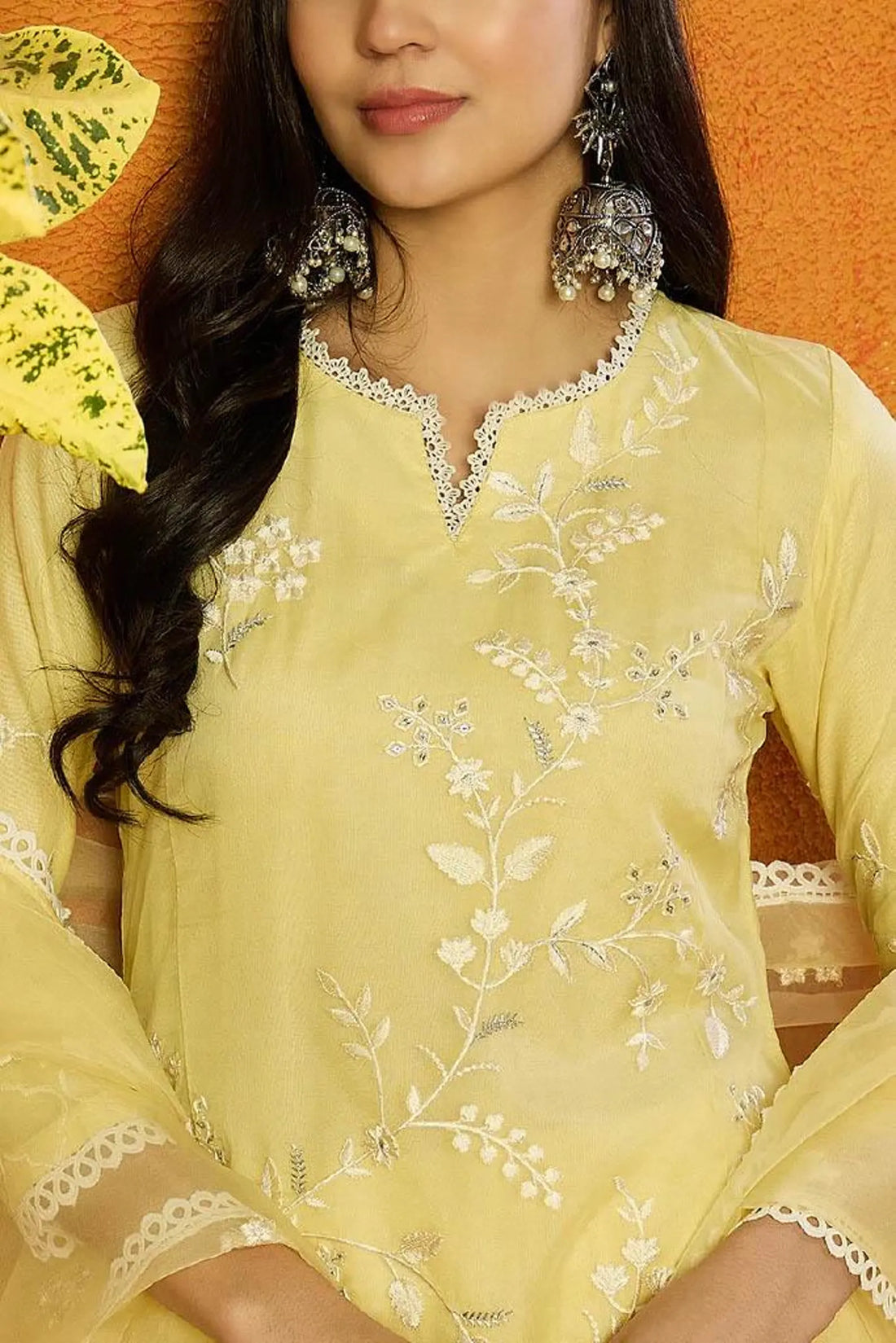 Women Yellow Organza Solid Embroidered A-Line Kurta Dhoti Pant with Dupatta