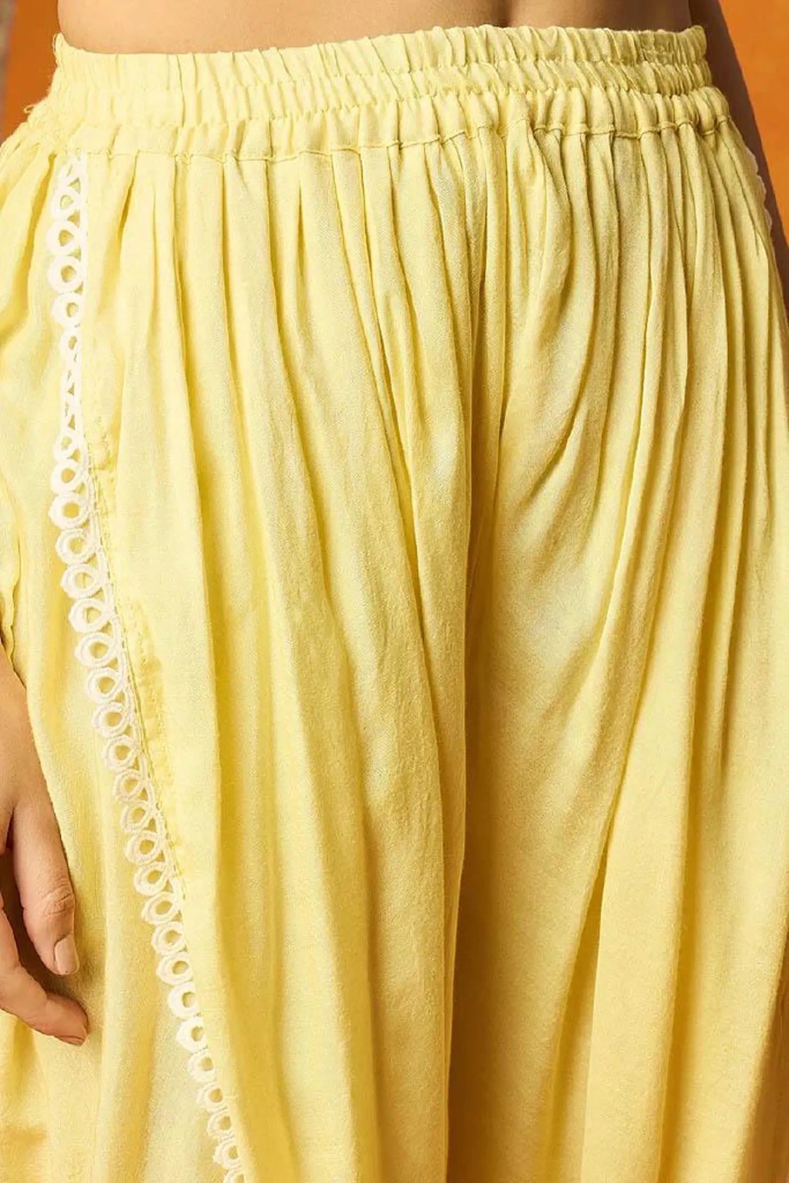 Women Yellow Organza Solid Embroidered A-Line Kurta Dhoti Pant with Dupatta